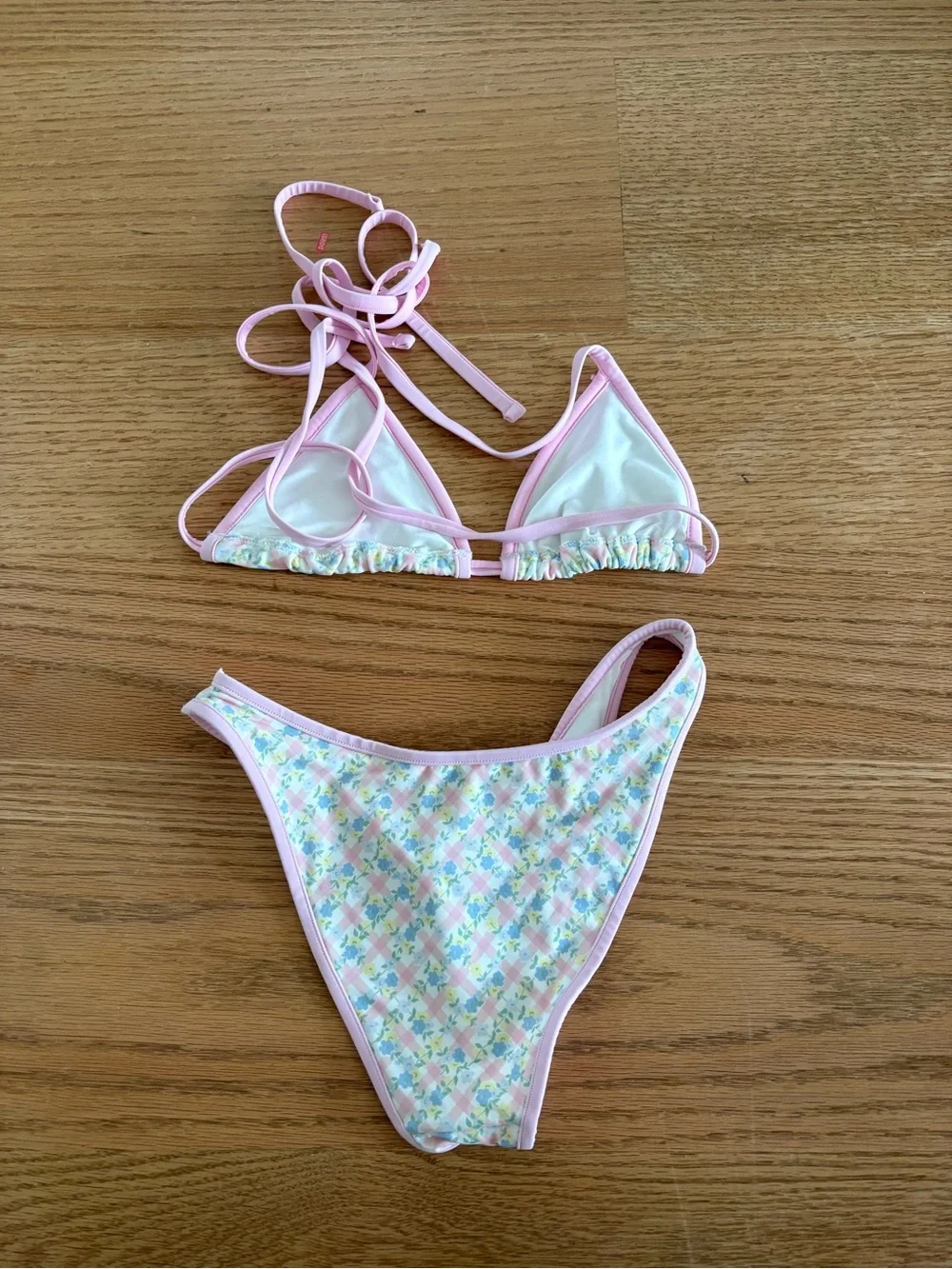 Frankie's Bikinis Pastel Floral Bikini Top with Pink Trim